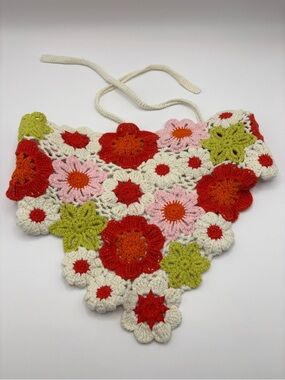 Handmade Crochet Flower Bandana • Cream, Red, Pink, Lime Floral Pattern